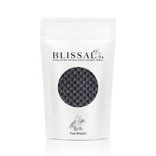 Blissal exfoliating antibacterial shower towel in premium resealable gift-ready packaging